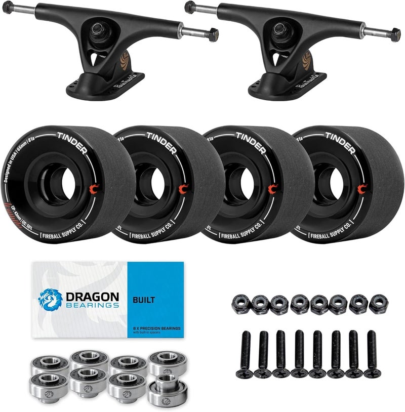fireball Paris V2 50° Longboard Skateboard Trucks Bundle - Set of 2 Longboard Trucks with Tinder 60mm Longboard Wheels & Bearings for Cruising & Carving - Image 1